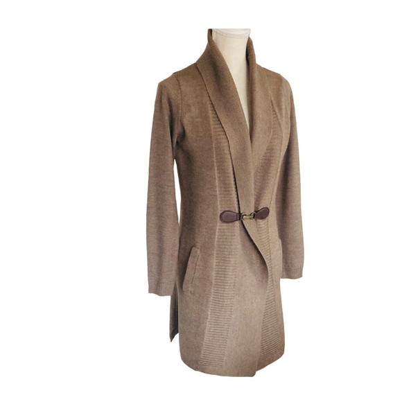 Ellen Tracy Cardigan Sweater M Long Length Tan Wool Blend Pockets Wide V Neck - Picture 11 of 16